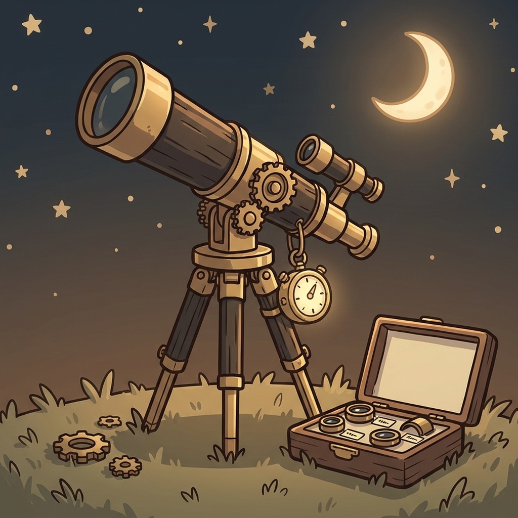 Whimsical illustration of a brass telescope on a tripod under a starry night sky with a case of eyepieces