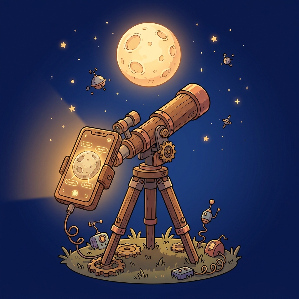 Whimsical illustration of a telescope with a phone mounted on it, pointed at a glowing full moon