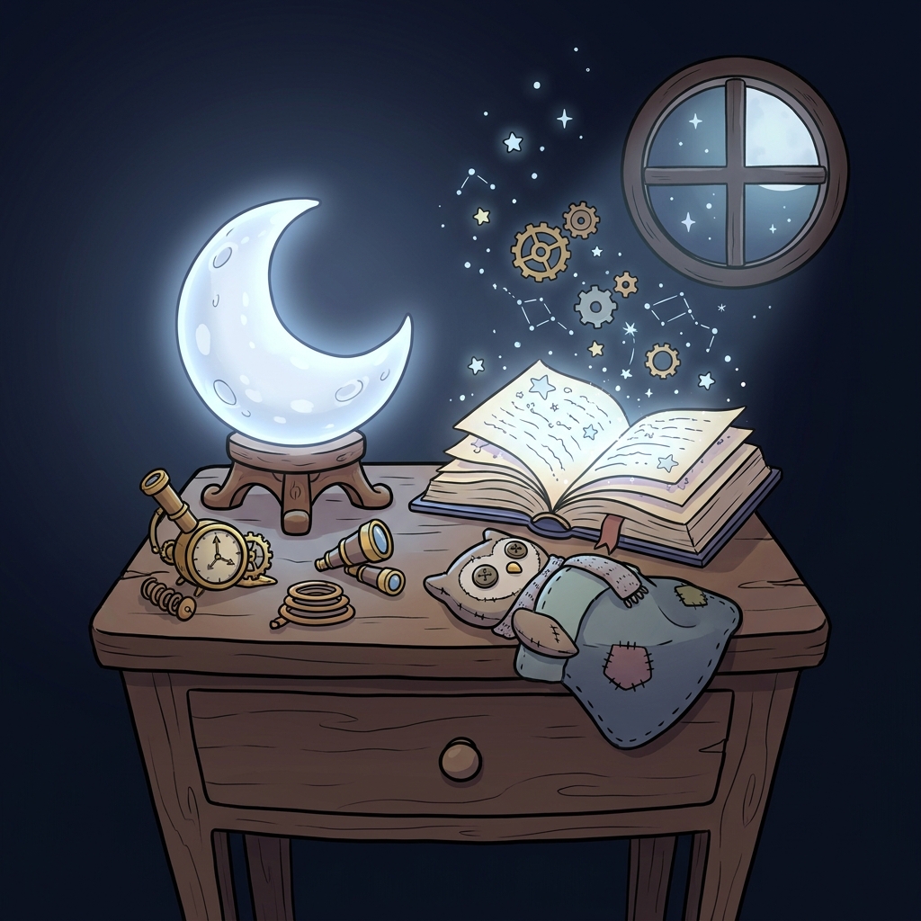 Whimsical illustration of a glowing moon orb next to an open storybook with sparkles drifting from its pages