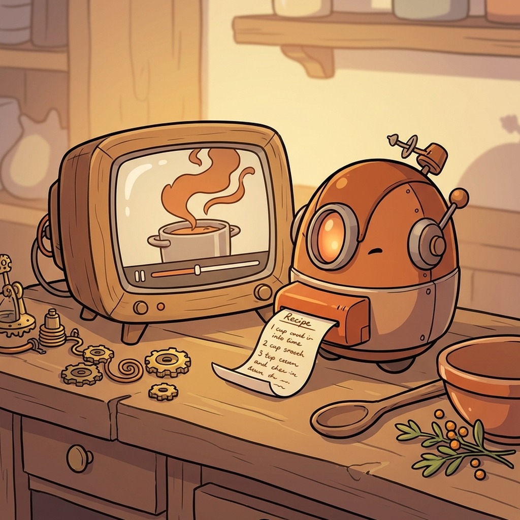 Whimsical illustration of a little robot printing a recipe next to a TV playing a cooking video