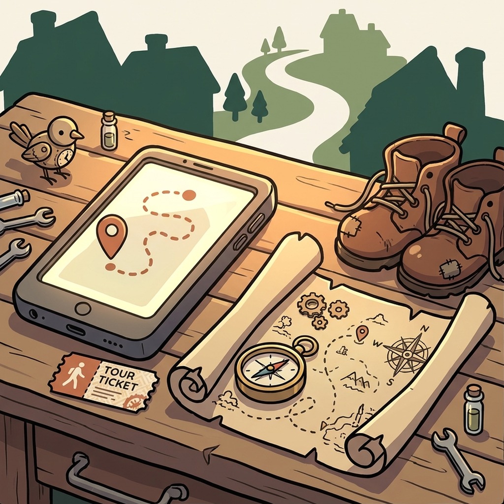 Whimsical illustration of a phone showing a walking route next to a map, compass, and hiking boots